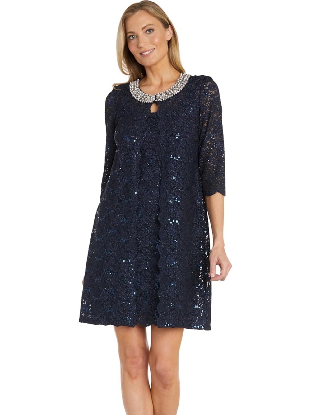 NEW R&M Richards 2-Piece Jacket Dress Set. Scalloped Lace Trim. 3/4 Sleeves